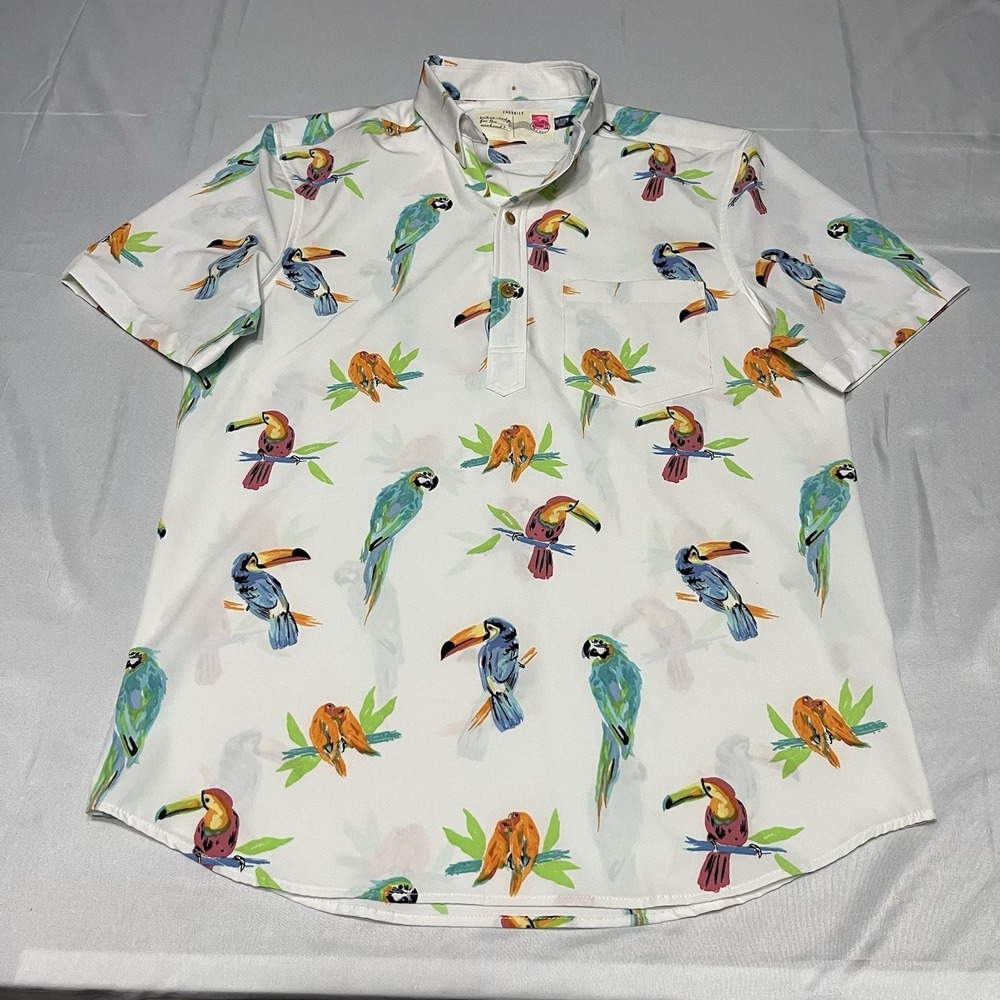 Chubbies Popover Polo Shirt Mens M Dude Where's Macaw Parrot Tropical Birds
